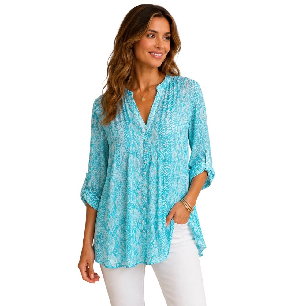 NWT Cynthia Steffe Classic Aqua Snakeskin Print Roll Tab Sleeve Blouse M 8423020